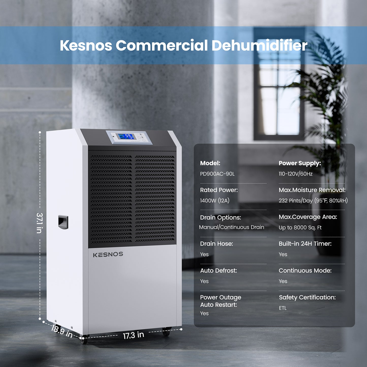 232 Pints Commercial Dehumidifier for Up to 8,000 Sq. Ft. - Ideal for Basements and Industrial Use