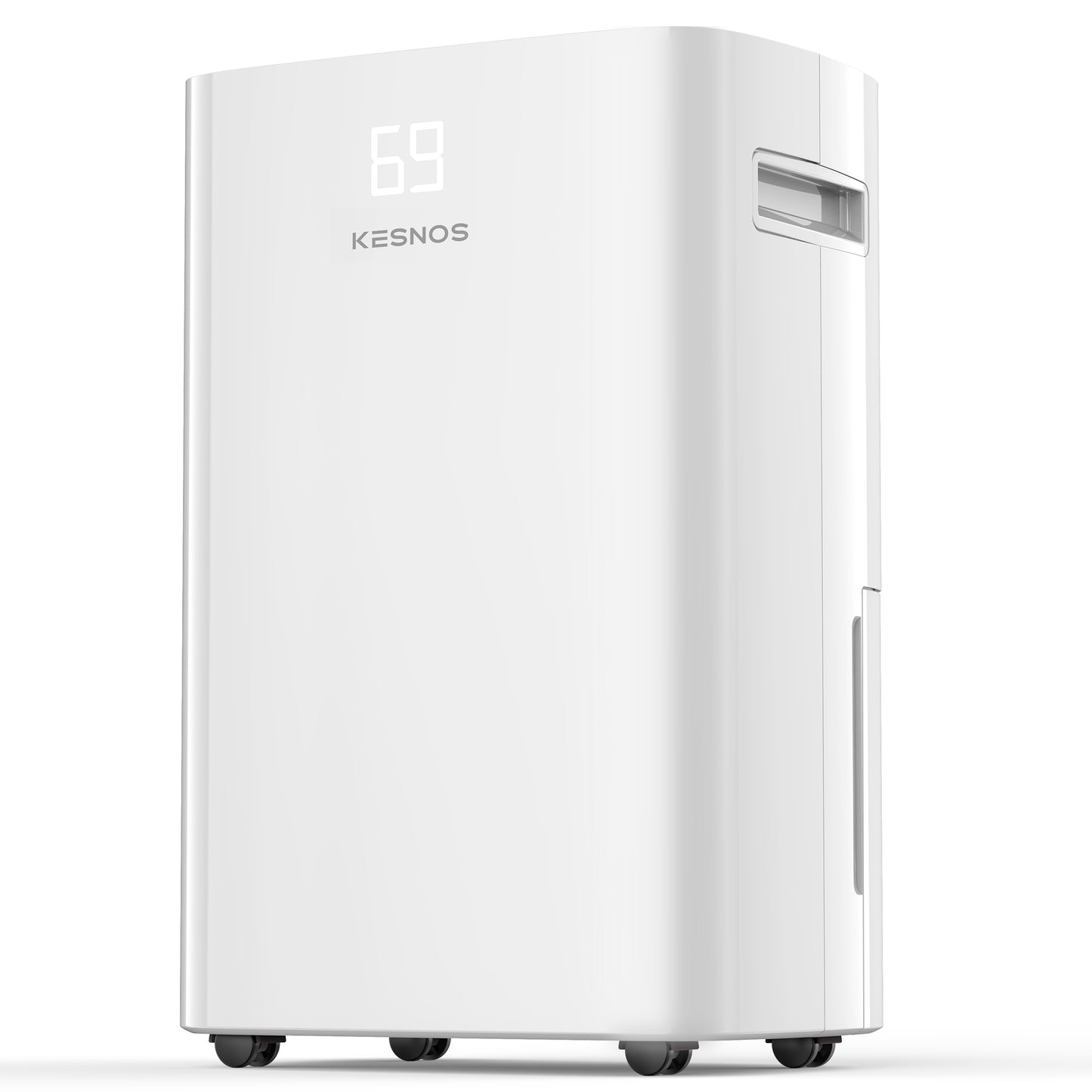 Side view of Kesnos PD10A white dehumidifier showing smooth design, built-in handle, and air outlet vents.