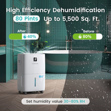 Load image into Gallery viewer, 80 Pints Energy Star Dehumidifier for Home &amp; Basement, Drain Hose, LED Display, 1.06 Gal Tank, Auto Defrost &amp; Timer - Ideal for Spaces up to 5,500 Sq. Ft.