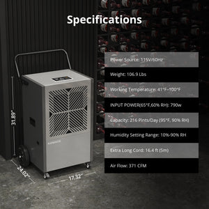 216 Pints Commercial Dehumidifier with Pump & Drain Hose – 24 Hr Timer for Spaces Up to 8,500 Sq. Ft. – Ideal for Basements & Industrial Use