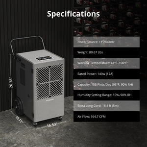 155 Pints Commercial Dehumidifier with Pump & Drain Hose – For Spaces Up to 7,500 Sq. Ft. – Ideal for Basements & Industrial Use