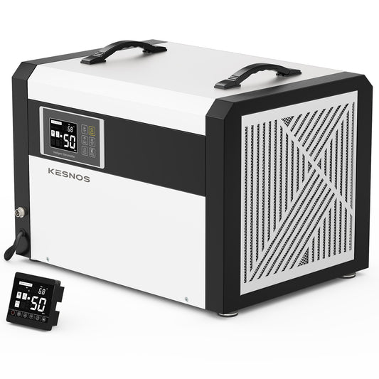 Front view of Kesnos AKE2.5D commercial dehumidifier, 158 pints per day capacity for 7500 sq. ft. coverage.