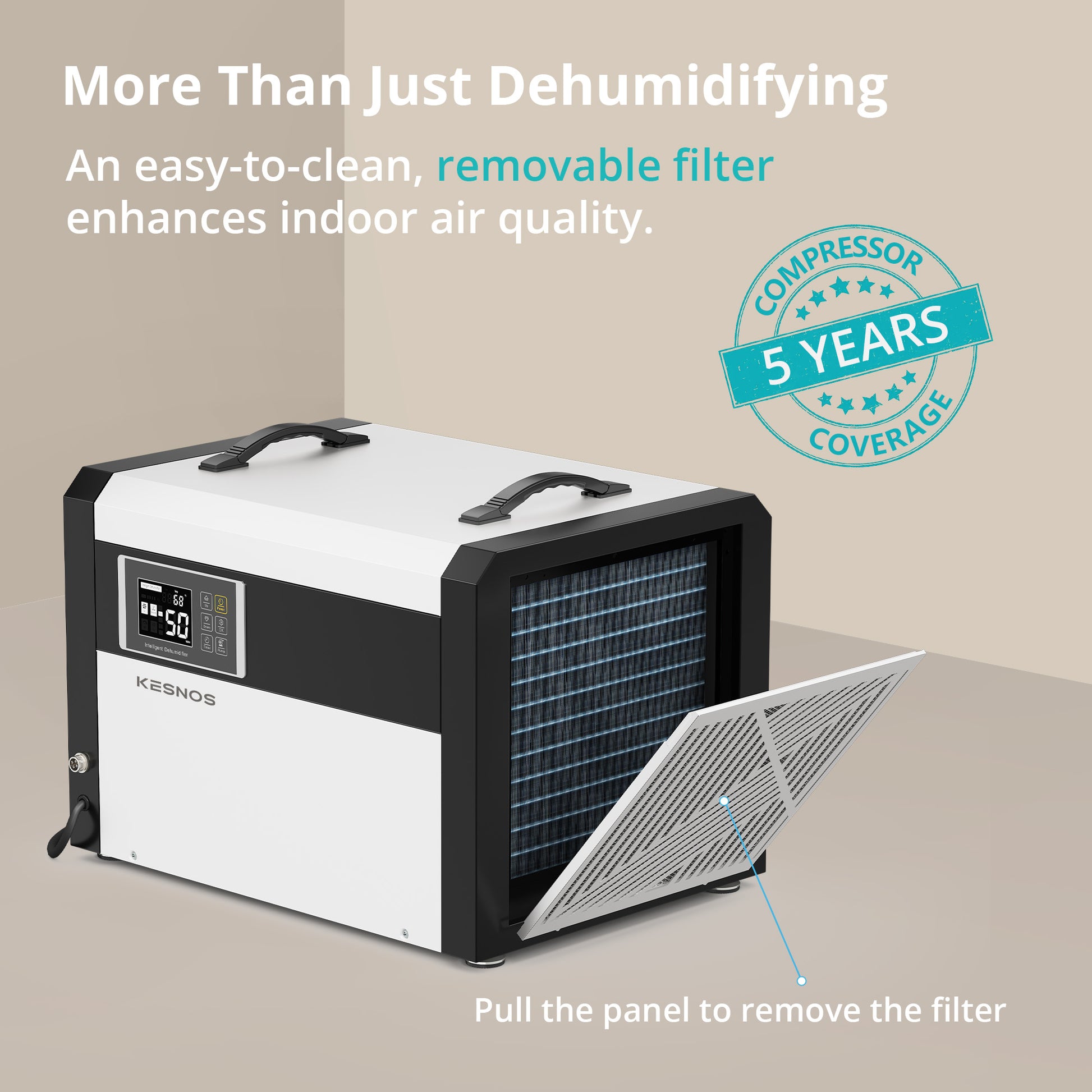 Kesnos AKE2.5D commercial dehumidifier with wireless remote control for humidity and timer settings.