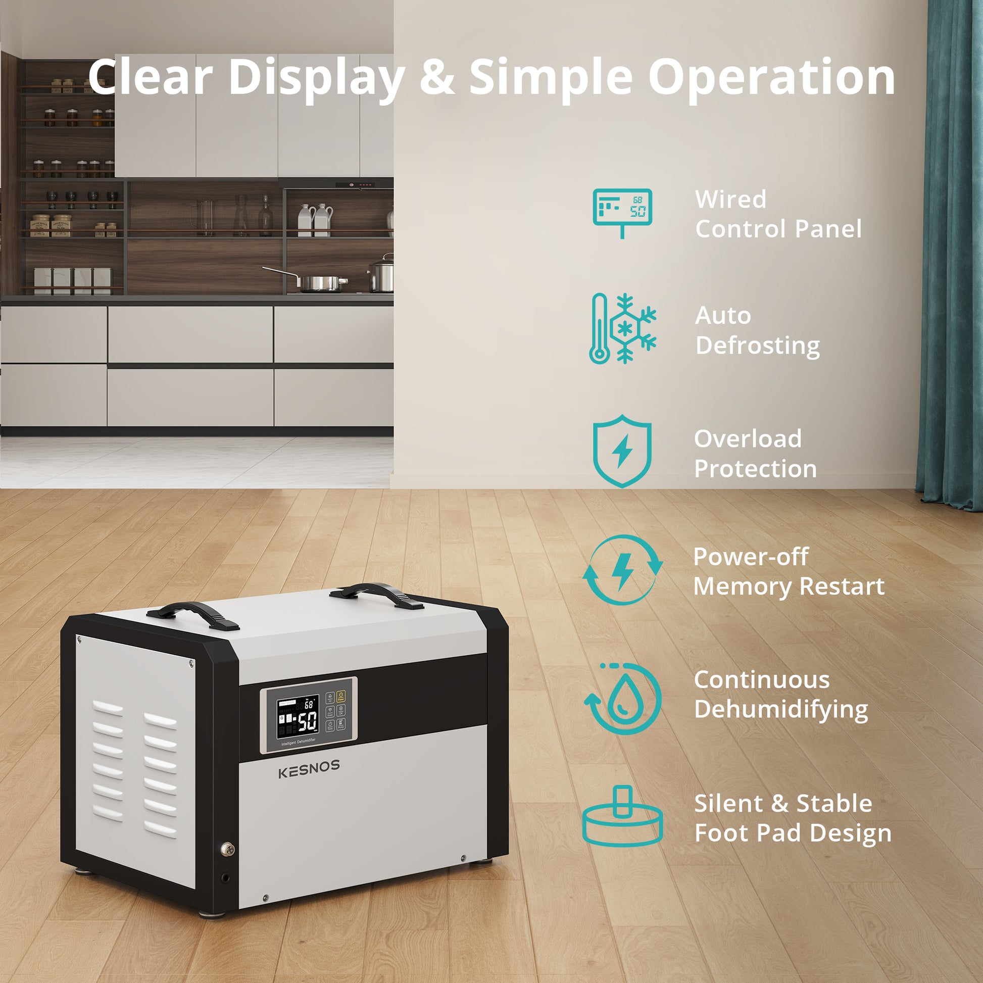 Technical specifications of Kesnos AKE2.5D 158 Pint dehumidifier, 530W power, 60dB low noise operation.