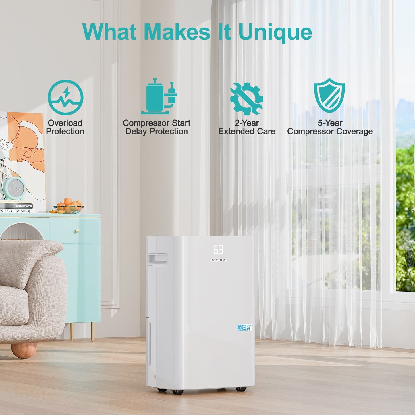 Kesnos PD08A-18 dehumidifier featuring automatic defrost function for reliable use in cool environments.