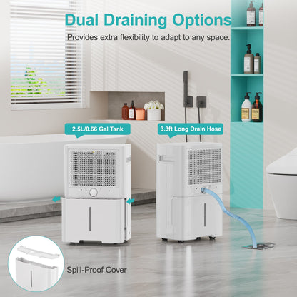 Kesnos PD08A-18 dehumidifier with drain hose option for continuous water removal and hands-free operation.