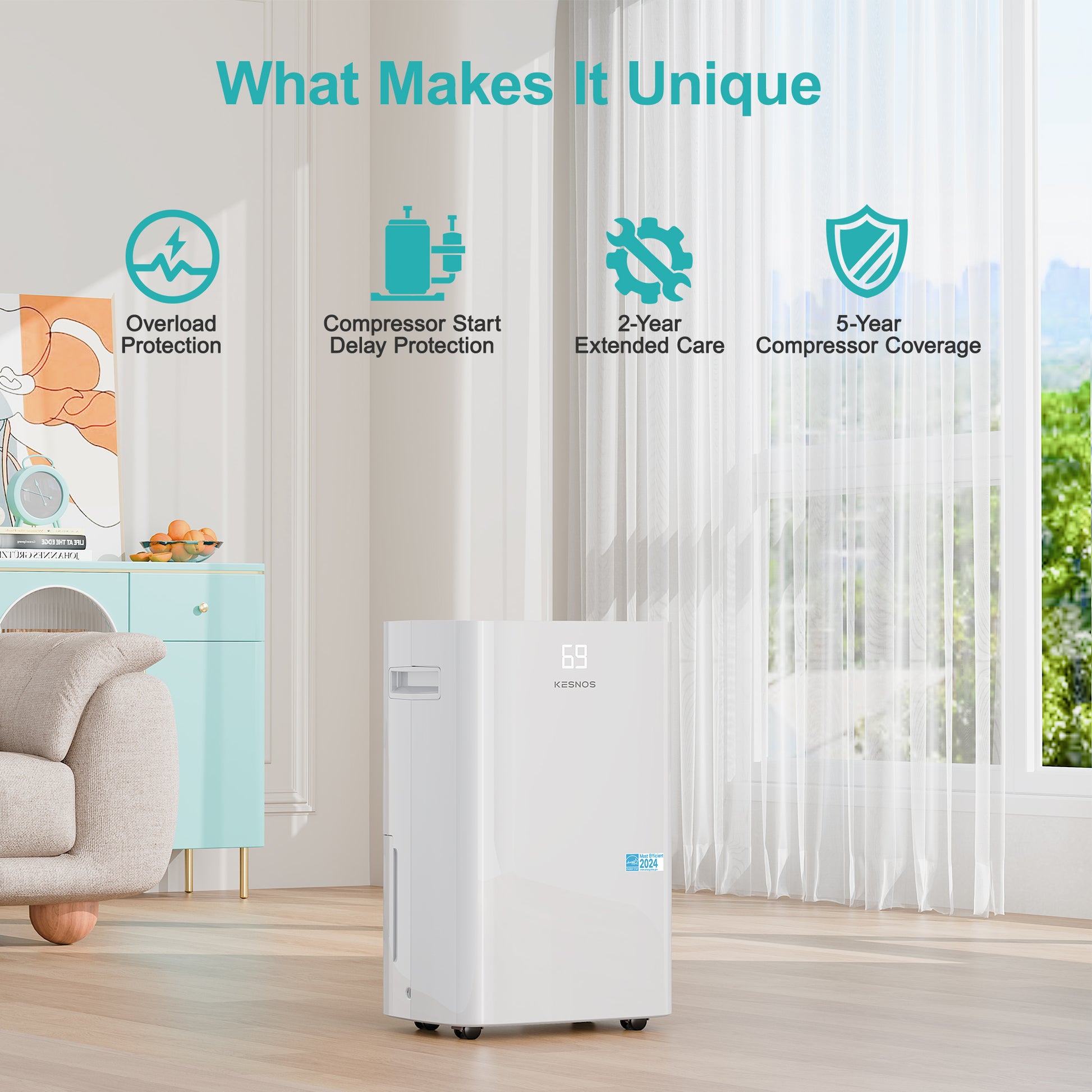 Kesnos PD10A dehumidifier smart auto mode automatically maintaining target humidity with built-in sensors.