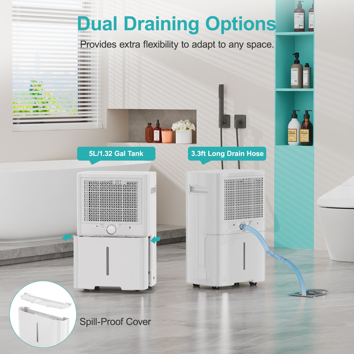 Kesnos PD10A dehumidifier with drain hose option for continuous drainage and maintenance-free operation.