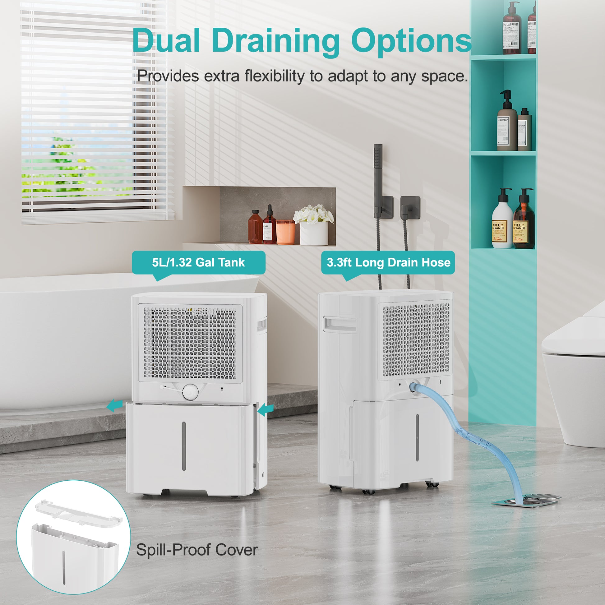 Kesnos PD10A dehumidifier with drain hose option for continuous drainage and maintenance-free operation.