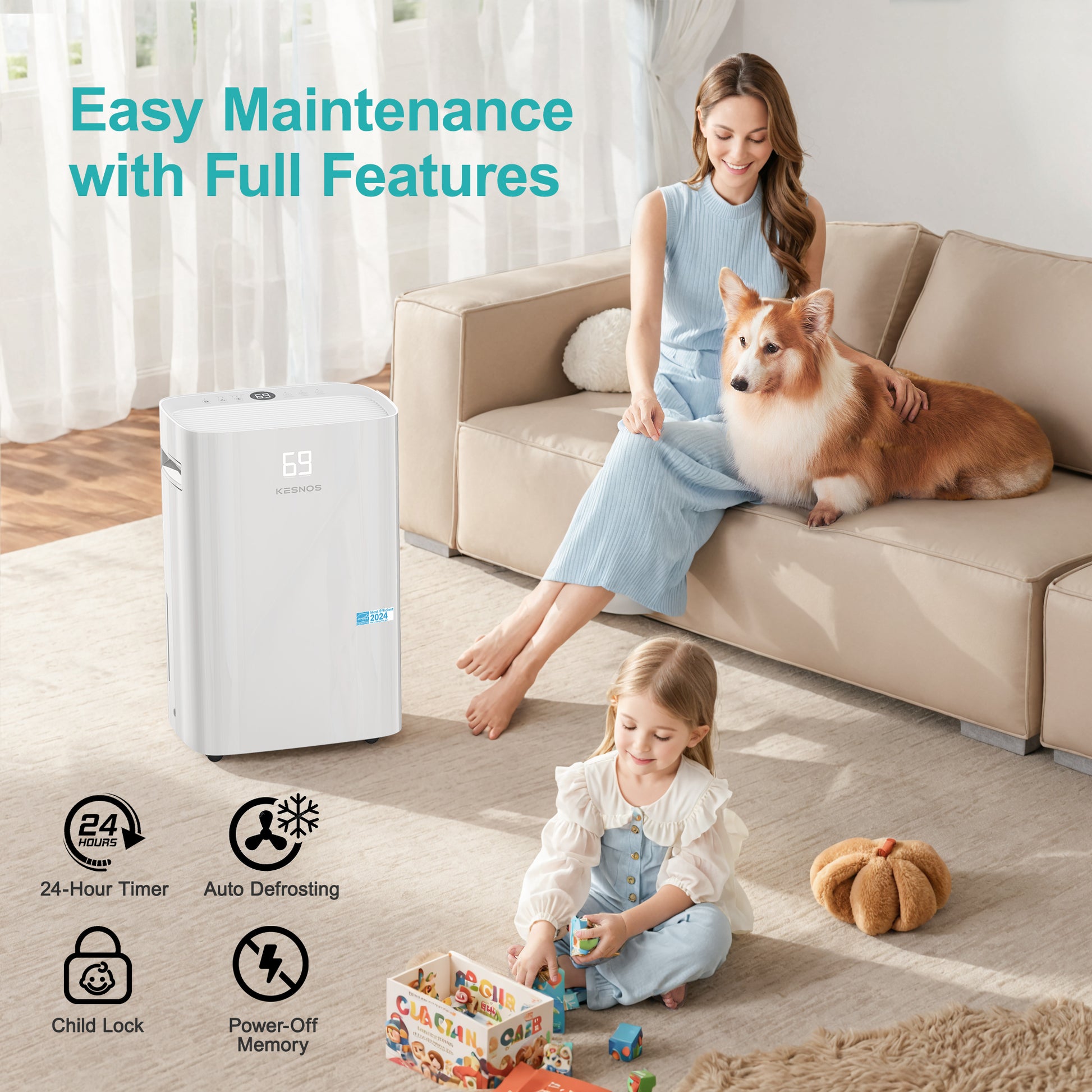 Kesnos PD10A Energy Star dehumidifier in modern living room setting, efficiently removing excess humidity.