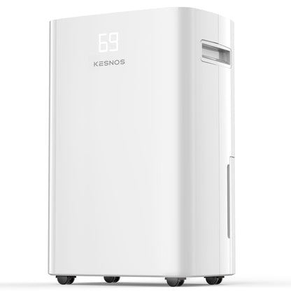 Side view of Kesnos PD10A white dehumidifier showing smooth design, built-in handle, and air outlet vents.