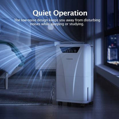Quiet Kesnos PD160A dehumidifier operating in bedroom, maintaining ideal humidity for restful sleep.