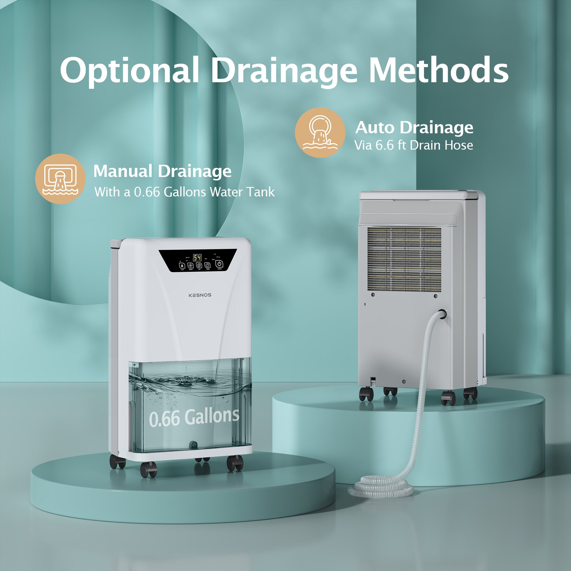 Kesnos PD160A dehumidifier with 6.56 ft drain hose for continuous water removal and hassle-free drainage.