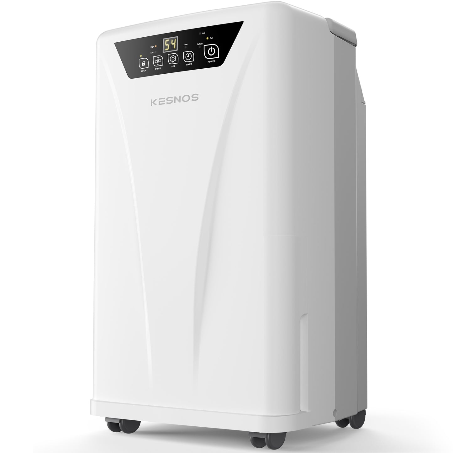 Kesnos PD160A 34 Pint dehumidifier front view, covers up to 2500 sq. ft., Energy-efficient design with smart humidity control.