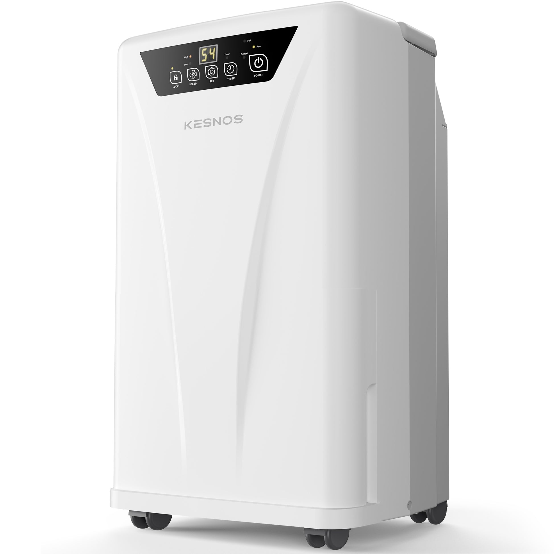 Kesnos PD160A 34 Pint dehumidifier front view, covers up to 2500 sq. ft., Energy-efficient design with smart humidity control.