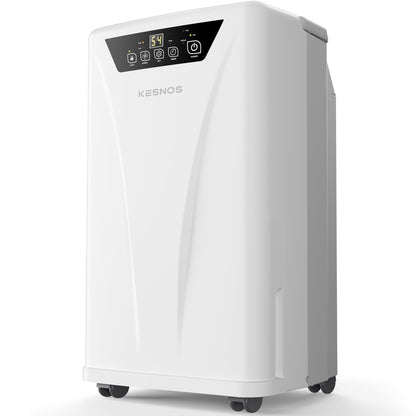 Kesnos PD160A 34 Pint dehumidifier front view, covers up to 2500 sq. ft., Energy-efficient design with smart humidity control.