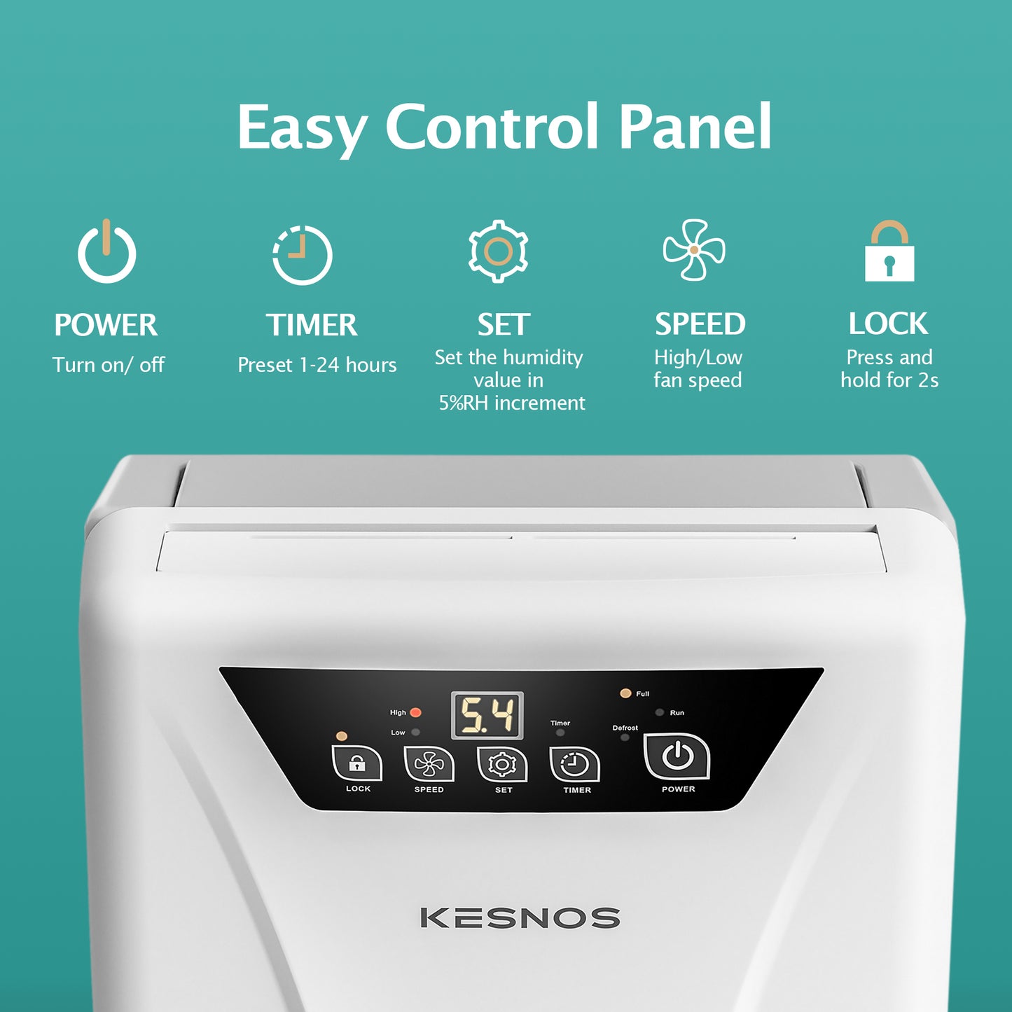Top control panel of Kesnos PD160A smart dehumidifier featuring digital humidity settings and auto shut-off function.