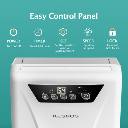 Top control panel of Kesnos PD160A smart dehumidifier featuring digital humidity settings and auto shut-off function.